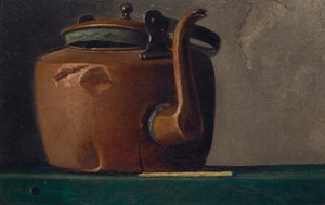 The Old Kettle by John Frederick Peto, created c. 1890s, in oil on wood. Download this artwork as a high-resolution wallpaper for desktop, tablet, or mobile. — John Frederick Peto Wallpaper