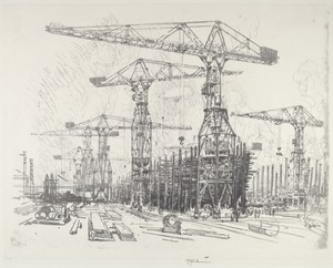 The Old Shipyard by Joseph Pennell, created 1916, in lithograph. Download this artwork as a high-resolution wallpaper for desktop, tablet, or mobile. — Joseph Pennell Wallpaper