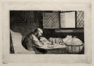 The Philosopher by Alphonse Legros, created c. 1857–1911, in etching. Download this artwork as a high-resolution wallpaper for desktop, tablet, or mobile. — Alphonse Legros Wallpaper