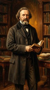 Et klassisk portrett av Friedrich Engels i et bibliotek, som fremkaller skolastisk kontemplasjon.