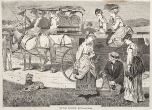The Picnic Excursion by Winslow Homer, created 1869, in wood engraving. Download this artwork as a high-resolution wallpaper for desktop, tablet, or mobile. — Winslow Homer Wallpaper