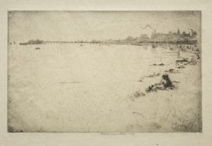 The Pier by Ernest Stephen Lumsden, created 1909, in etching. Download this artwork as a high-resolution wallpaper for desktop, tablet, or mobile. — Ernest Stephen Lumsden Wallpaper