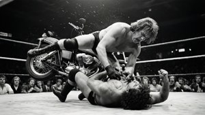 Dynamische piledriver-beweging van Harley Race in zwart-wit