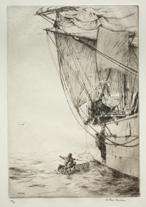The Pilot by Arthur John Trevor Briscoe, created 1925, in etching. Download this artwork as a high-resolution wallpaper for desktop, tablet, or mobile. — Arthur John Trevor Briscoe Wallpaper