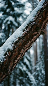 Un gros plan dramatique d'une branche de pin chargée de neige dans une forêt hivernale.