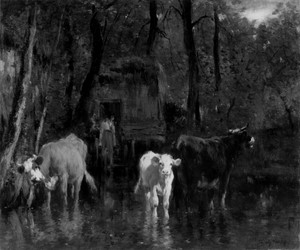 The Pool by Emile van Marcke de Lummen, created 19th century, in oil on canvas. Download this artwork as a high-resolution wallpaper for desktop, tablet, or mob — Emile van Marcke de Lummen Wallpaper