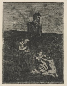 The Poor by Pablo Picasso, created 1905, printed 1913, in etching. Download this artwork as a high-resolution wallpaper for desktop, tablet, or mobile. — Pablo Picasso Wallpaper