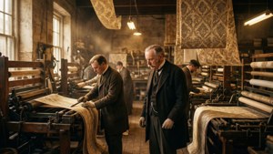 Charles Rolls houdt toezicht op de productie van behang in een drukkerij uit het begin van de 19e eeuw.