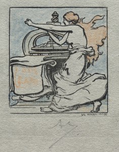The Printer by Auguste Louis Lepère, created 1900, in woodcut with hand coloring. Download this artwork as a high-resolution wallpaper for desktop, tablet, or m — Art Picture