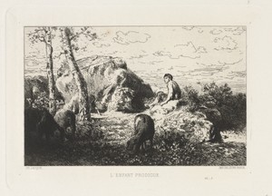 The Prodigal Son by Charles Emile Jacque, created c. 1868, in etching. Download this artwork as a high-resolution wallpaper for desktop, tablet, or mobile. — Charles Emile Jacque Wallpaper