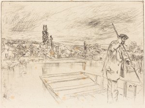 The Punt by James McNeill Whistler, created 1861, in etching and drypoint on wove paper. Download this artwork as a high-resolution wallpaper for desktop, table — James McNeill Whistler Wallpaper