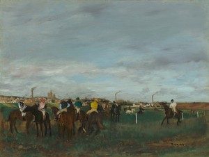 The Races by Edgar Degas, created 1871-1872, in oil on wood. Download this artwork as a high-resolution wallpaper for desktop, tablet, or mobile.