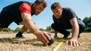 Dynamisk lav vinkel av petanque-spillere i intens konsentrasjon