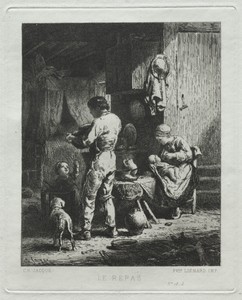 The Repast by Charles Emile Jacque, created 1864, in etching. Download this artwork as a high-resolution wallpaper for desktop, tablet, or mobile. — Charles Emile Jacque Wallpaper