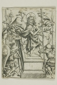 The Resurrection by Master of the Berlin Passion, created n.d., in Engraving in black on cream laid paper. Download this artwork as a high-resolution wallpaper — Master of the Berlin Passion Wallpaper