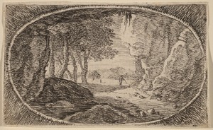 The Rocks by Herman van Swanevelt, in etching. Download this artwork as a high-resolution wallpaper for desktop, tablet, or mobile. — Herman van Swanevelt Wallpaper