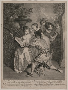 The Romancer by Antoine Watteau, created 1727, in engraving. Download this artwork as a high-resolution wallpaper for desktop, tablet, or mobile. — Charles-Nicolas Cochin II Wallpaper