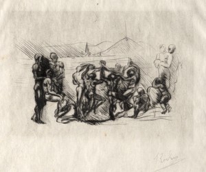 The Round by Auguste Rodin, created c. 1883, in drypoint. Download this artwork as a high-resolution wallpaper for desktop, tablet, or mobile. — Auguste Rodin Wallpaper