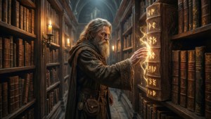 Master AG di perpustakaan mistis yang luas menyentuh buku rune yang bercahaya.