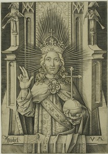 The Saviour by the younger Israhel van Meckenem, created 1490/1500, in Engraving on cream laid paper. Download this artwork as a high-resolution wallpaper for d — The younger Israhel van Meckenem Wallpaper