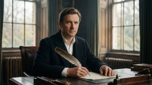 Alexander Bannerman schrijft aan zijn bureau in zacht ochtendlicht.