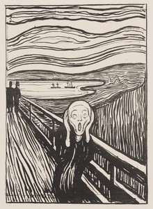 The Scream by Edvard Munch, created 1895, in Lithograph in black ink on cream card. Download this artwork as a high-resolution wallpaper for desktop, tablet, or — Illustration Background