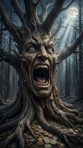 Wallpaper vertikal dari pohon membatu berbentuk wajah berteriak di hutan mati Carcosa.
