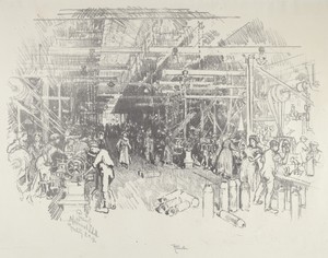 The Shell Factory by Joseph Pennell, created 1916, in lithograph. Download this artwork as a high-resolution wallpaper for desktop, tablet, or mobile. — Art Wallpaper