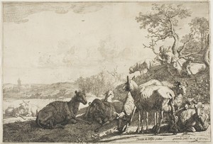 The Shepherd by Paulus Potter, created 1644, in Etching on ivory laid paper. Download this artwork as a high-resolution wallpaper for desktop, tablet, or mobile — Illustration Background
