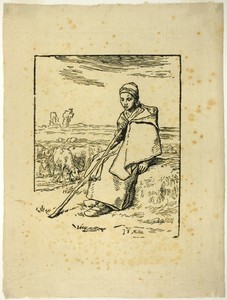 The Shepherdess by Jean François Millet, created 1863, in Woodcut on tan Japanese paper. Download this artwork as a high-resolution wallpaper for desktop, table — Painting Picture