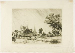 The Shower by Louis Auguste Lepère, created 1909, in Etching on cream laid Japanese tissue. Download this artwork as a high-resolution wallpaper for desktop, ta — Louis Auguste Lepère Wallpaper