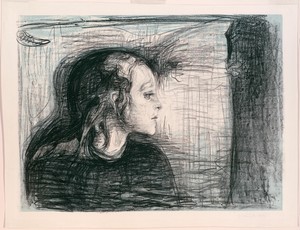 The Sick Child I by Edvard Munch, created 1896, in Transfer lithograph printed from two stones in pale blue and black ink on ivory wove paper. Download this art — Edvard Munch Wallpaper