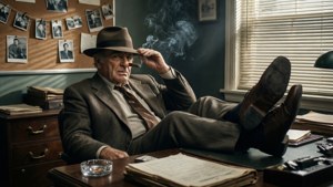 Walter Matthau als een versleten detective in een rommelig kantoor met aanwijzingen
