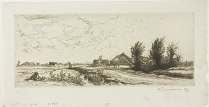 The Small Cowherd by Louis Auguste Lepère, created 1910, in Etching on greenish-ivory laid paper. Download this artwork as a high-resolution wallpaper for deskt — Louis Auguste Lepère Wallpaper