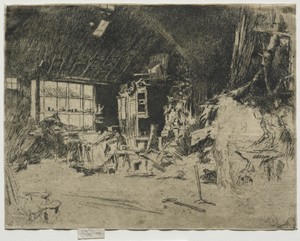 The Smithy by James McNeill Whistler, created 1880, in etching. Download this artwork as a high-resolution wallpaper for desktop, tablet, or mobile. — Art Wallpaper