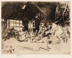 The Smithy by James McNeill Whistler, created 1880, in Etching and drypoint with foul biting in black ink on ivory laid paper. Download this artwork as a high-r — Art Wallpaper