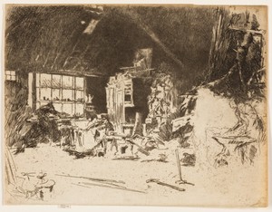 The Smithy by James McNeill Whistler, created 1880, in Etching and drypoint with foul biting in black ink on cream laid paper. Download this artwork as a high-r — Illustration Background