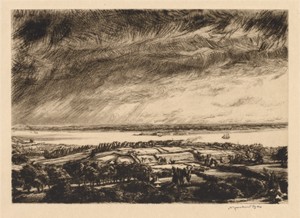 The Solent by Muirhead Bone, created 1920–21, in drypoint. Download this artwork as a high-resolution wallpaper for desktop, tablet, or mobile. — Muirhead Bone Wallpaper