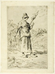 The Spinner by Jean François Millet, created 1868–69, in Etching and drypoint on ivory laid Japanese paper. Download this artwork as a high-resolution wallpaper — Illustration Wallpaper