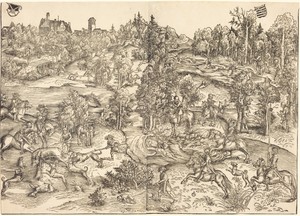 The Stag Hunt by Lucas Cranach (I), in woodcut. Download this artwork as a high-resolution wallpaper for desktop, tablet, or mobile. — Art Picture