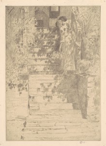 The Steps by Childe Hassam, created 1915, in etching in black on wove paper. Download this artwork as a high-resolution wallpaper for desktop, tablet, or mobile — Childe Hassam Wallpaper