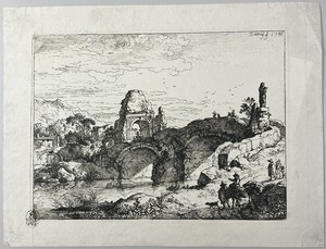 The Stone Bridge by Christian Wilhelm Ernst Dietrich, created 1744, in Etching on laid paper. Download this artwork as a high-resolution wallpaper for desktop, — Illustration Wallpaper