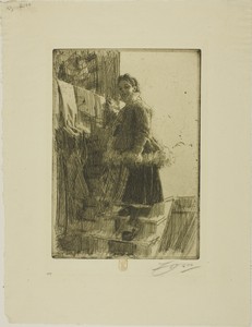 The Storehouse by Anders Zorn, created 1903, in Etching on ivory laid paper. Download this artwork as a high-resolution wallpaper for desktop, tablet, or mobile — Illustration Wallpaper