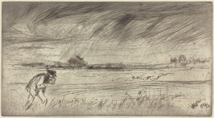 The Storm by James McNeill Whistler, created 1861, in drypoint on pale green laid paper. Download this artwork as a high-resolution wallpaper for desktop, table — James McNeill Whistler Wallpaper