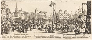 The Strappado by Jacques Callot, created c. 1633, in etching on laid paper. Download this artwork as a high-resolution wallpaper for desktop, tablet, or mobile. — Jacques Callot Wallpaper