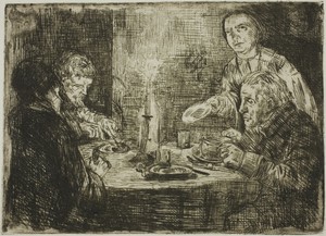 The Supper by Alphonse Legros, created 1861, in Etching on ivory laid paper. Download this artwork as a high-resolution wallpaper for desktop, tablet, or mobile — Alphonse Legros Wallpaper