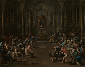 The Synagogue by Alessandro Magnasco, created c. 1730, in Oil on canvas. Download this artwork as a high-resolution wallpaper for desktop, tablet, or mobile. — Architecture Picture