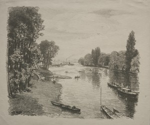 The Thames by Thomas Robert Way, created 1876–1913, in lithograph. Download this artwork as a high-resolution wallpaper for desktop, tablet, or mobile. — Thomas Robert Way Wallpaper