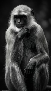 Un langur che imita la classica posa del pensatore in drammatico bianco e nero.