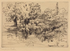 The Three Cows by Francis Seymour Haden, created 1877, in drypoint in black on laid paper. Download this artwork as a high-resolution wallpaper for desktop, tab — Francis Seymour Haden Wallpaper